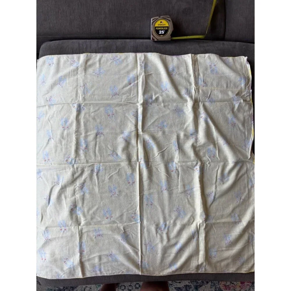 Vintage Yellow Baby Blanket Flannel Receiving Swaddle Blue Character Print Rare